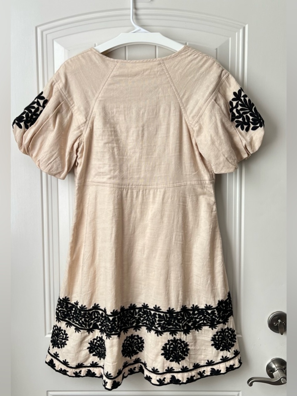 Anthro Orla Embroidered Mini Dress Size 10 Khaki Puff Sleeve Cotton - Picture 4 of 15
